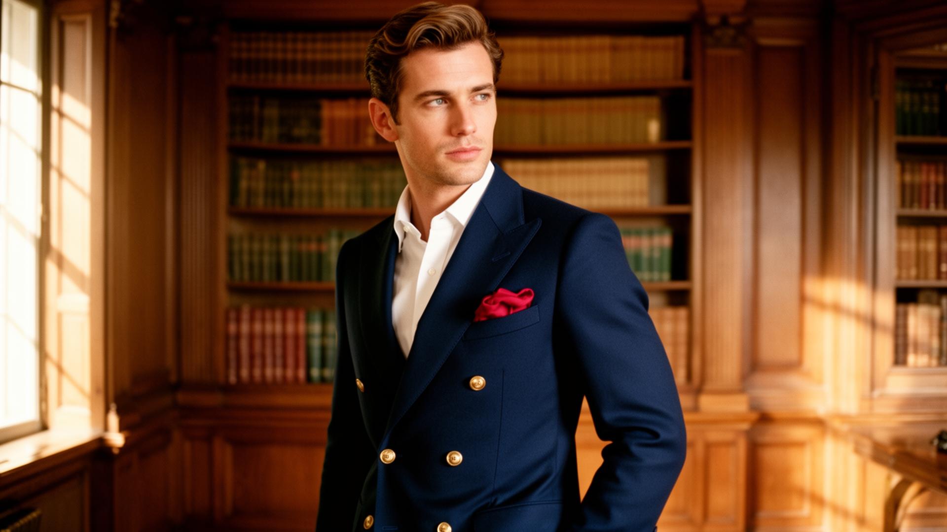Modern man in navy double-breasted blazer with crimson pocket square